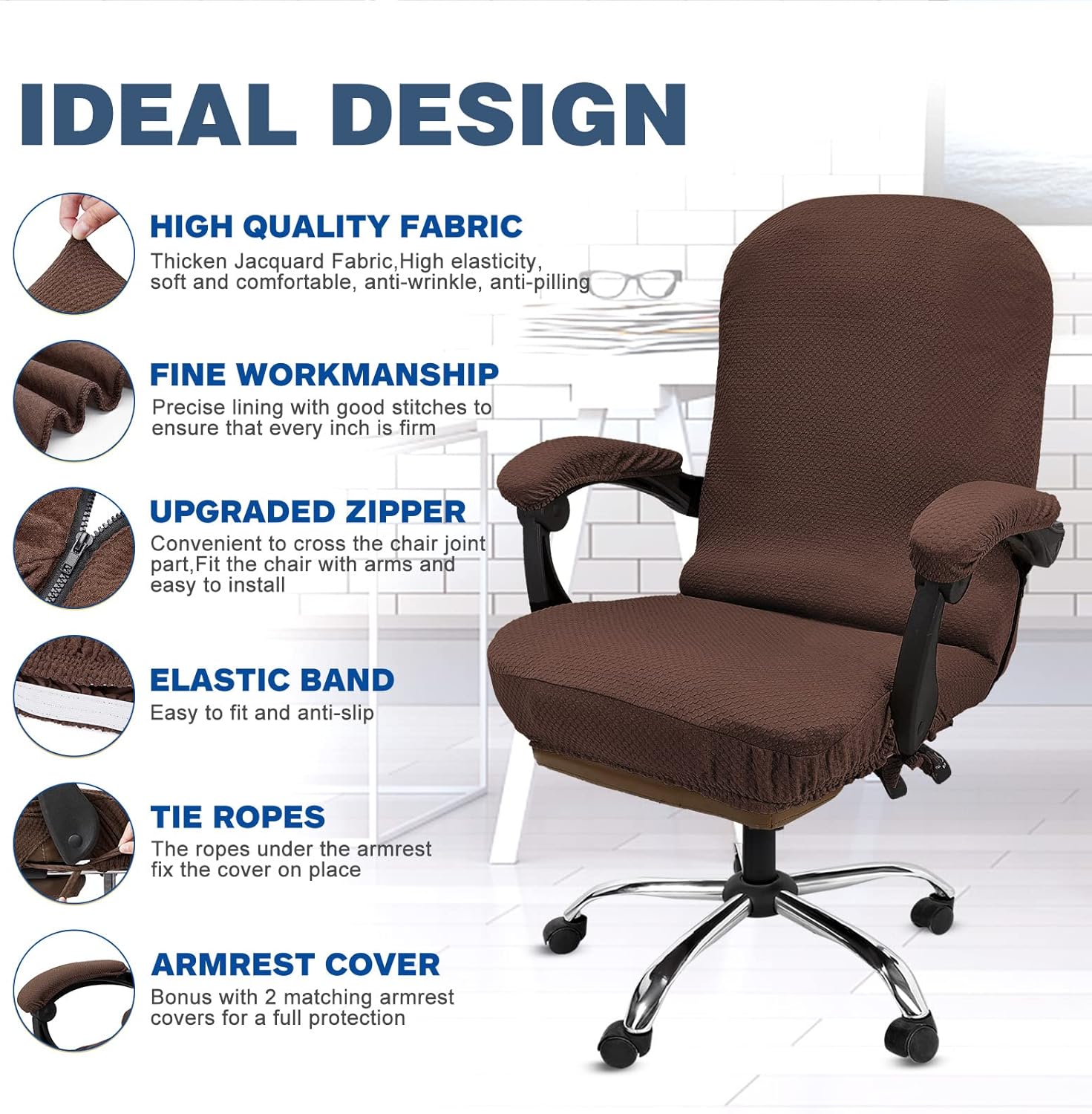 NeColorLife Stretchable Office Chair Cover with Armrest Covers – High-Back Desk Chair Slipcover, Checked Jacquard Fabric, Washable (Large Size, Coffee)